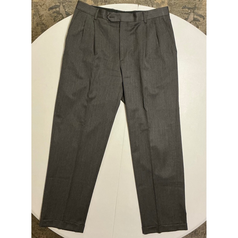 Kirkland Signature Dress Pants Mens 34x32 Gray Wool Pleated Made in Italy Cuffed